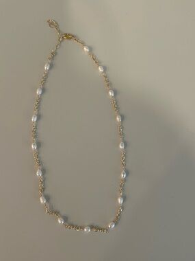 Gold Chain Necklace with White Pearl Stations. Handmade